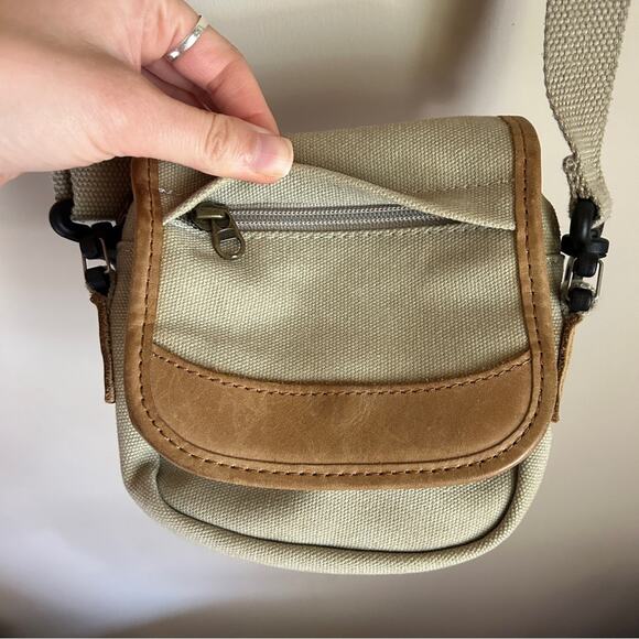 Vintage L.L. Bean Khaki Canvas Leather Small Messenger Crossbody Bag Purse 6x6” - Picture 5 of 12